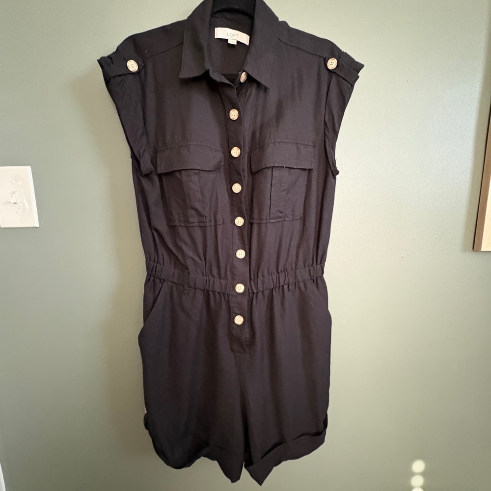 LOFT Black Sleeveless Utility Romper with Gold Hardware